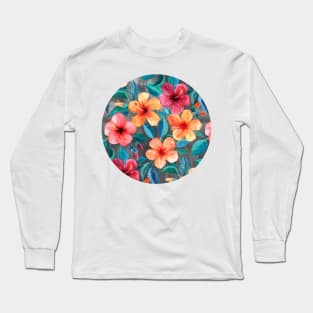 Colorful Watercolor Hibiscus on Dark Charcoal Long Sleeve T-Shirt